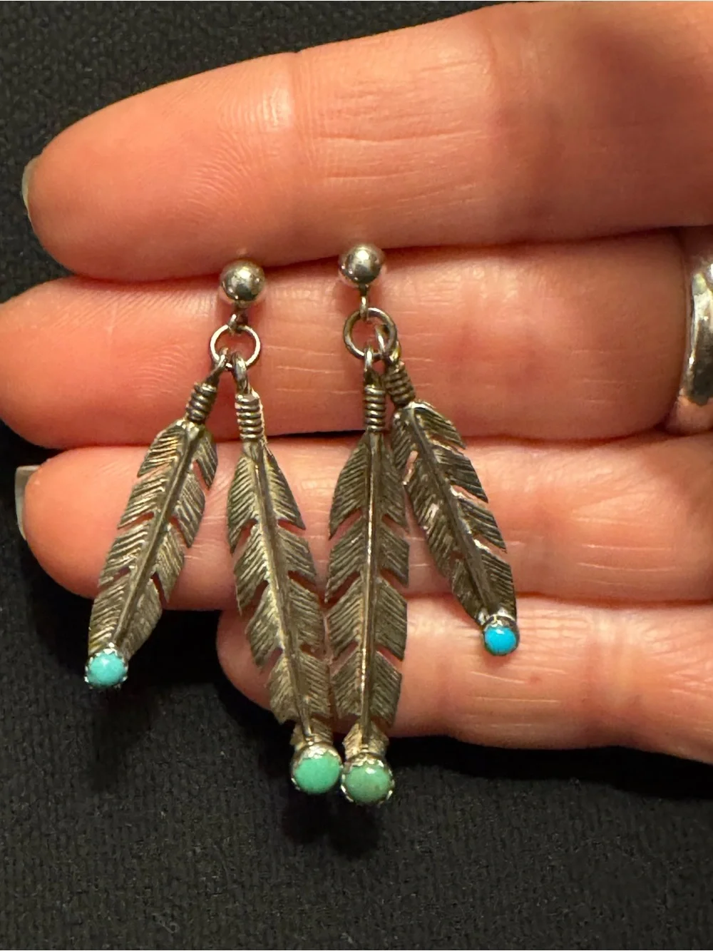 Sterling Silver Turquoise Double Feather Dangle Earrings - 1.75”